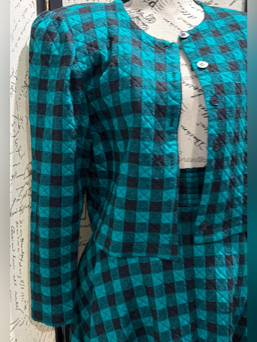 Vintage Teal and Black Check Two-Piece Skirt Set - Picture 6 of 15